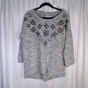 Gray Embellished Lucky Lotus Sweater Knit Pullover Long Sleeve Casual Small